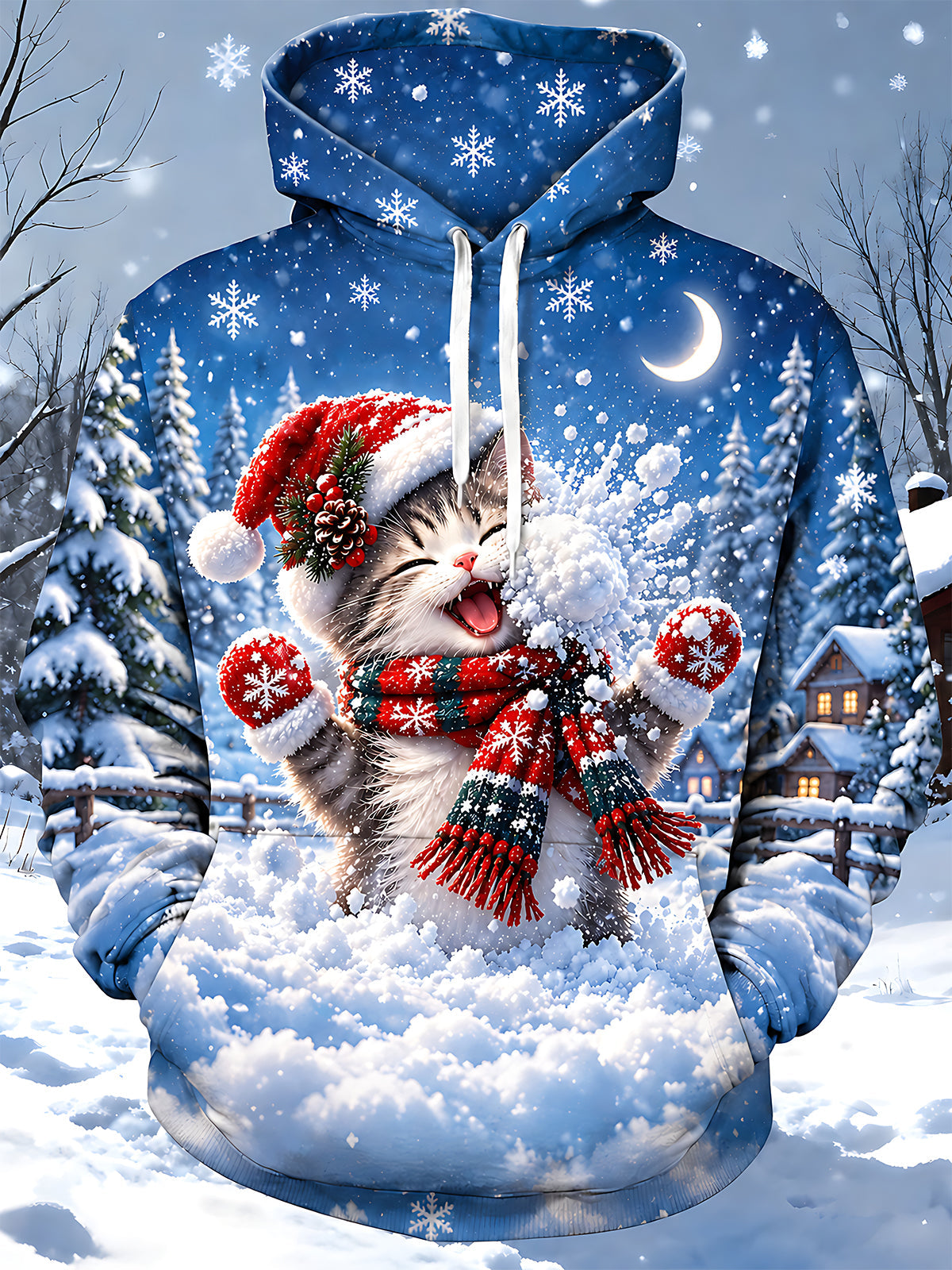 Adaychic Men's Graphic Christmas Cat Print Long Sleeve Hoodie