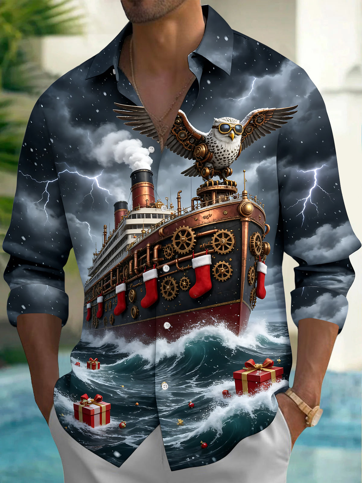 Adaychic Men's Long Sleeve Shirt - Steampunk Owl And Steamship With Christmas Stockings Print with Chest Pocket
