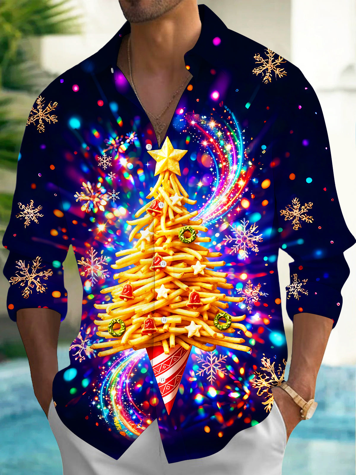 Adaychic Men's Graphic French Fries Christmas Tree Print Long Sleeve Shirt with Chest Pocket