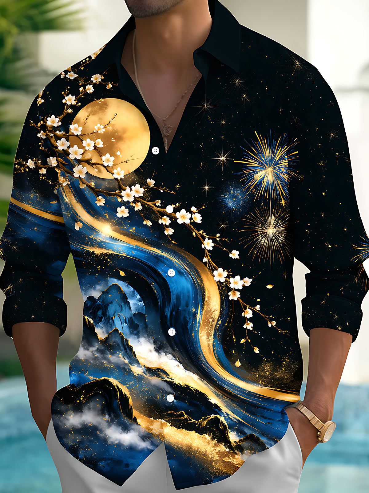 Adaychic Men's Printed Cherry Blossoms And Full Moon Print Long Sleeve Shirt with Chest Pocket