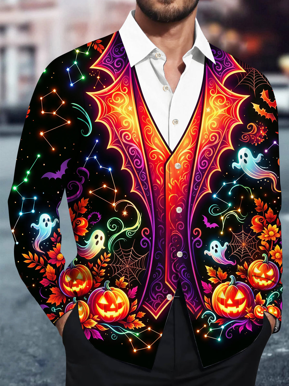 Adaychic Men's Halloween Jack-o-lanterns And Ghosts Print Long Sleeve Shirt with Chest Pocket