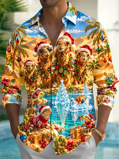 Adaychic Men's Camels And Lizards In Christmas Attire Print Long Sleeve Shirt with Chest Pocket