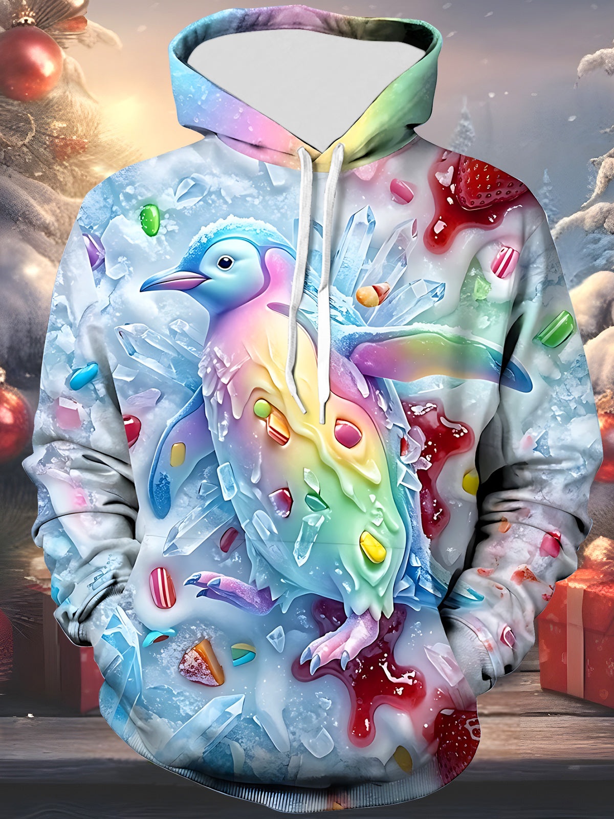 Adaychic Men's Rainbow Candy Penguin With Ice Crystals Print Long Sleeve Hoodie