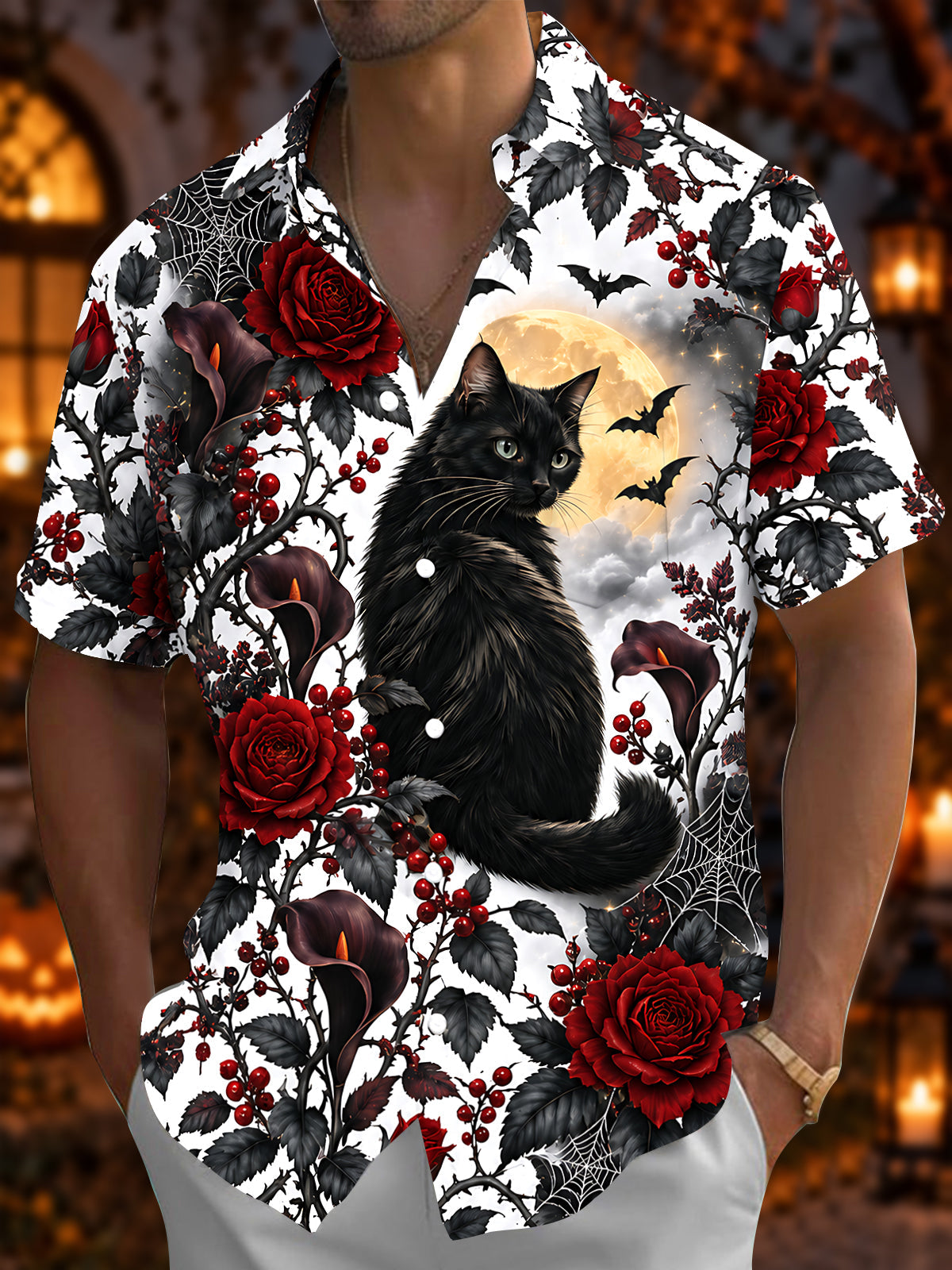 Adaychic Men's Halloween Black Cat With Bats And Moon Print Short Sleeve Shirt with Chest Pocket