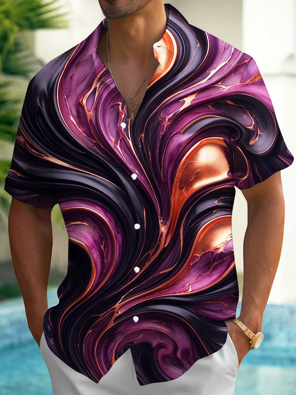 Adaychic Men's Patterned Abstract Fluid Marble Texture Print Short Sleeve Shirt with Chest Pocket