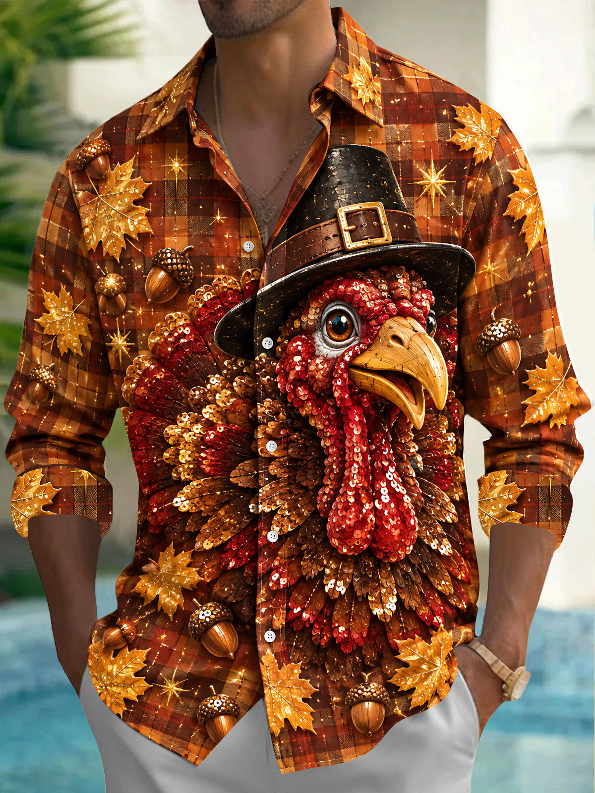 Adaychic Men's Thanksgiving Turkey With Pilgrim Hat Print Long Sleeve Shirt with Chest Pocket