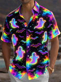 Adaychic Men's Graphic Halloween Neon Ghosts And Bats Print Short Sleeve Shirt with Chest Pocket