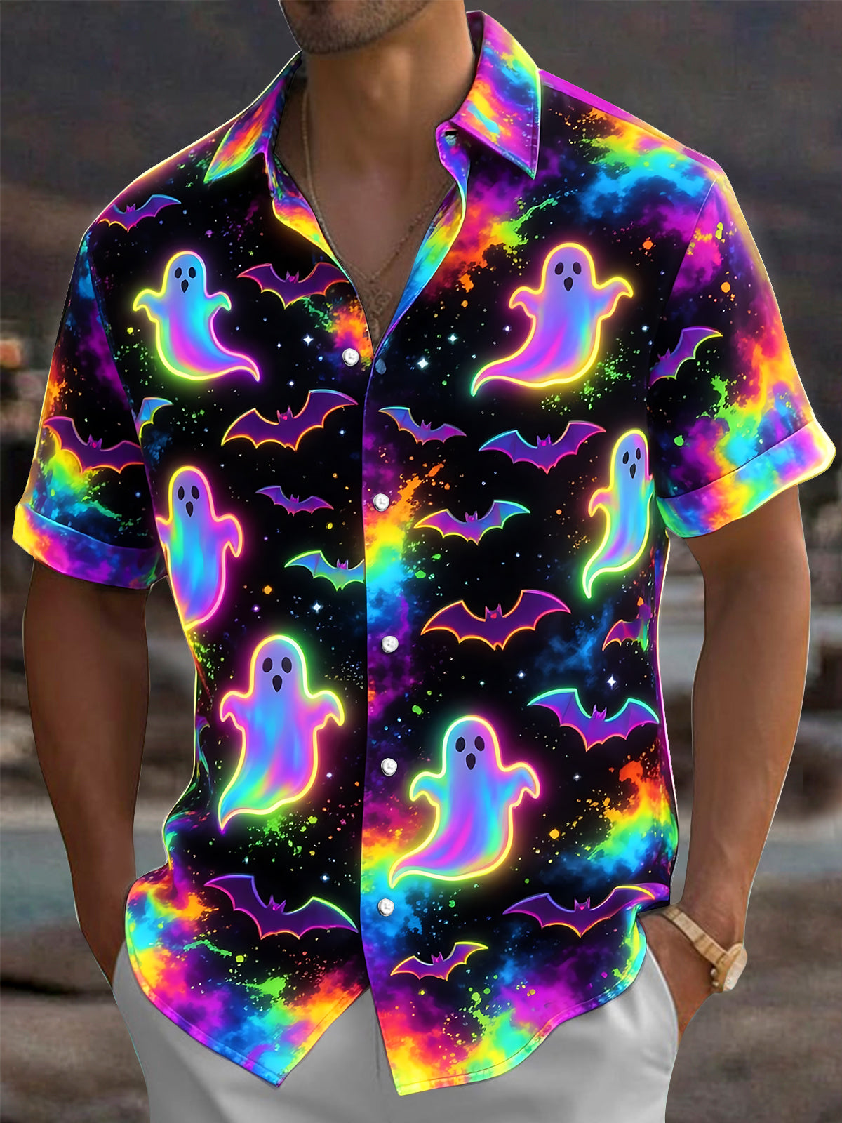 Adaychic Men's Graphic Halloween Neon Ghosts And Bats Print Short Sleeve Shirt with Chest Pocket
