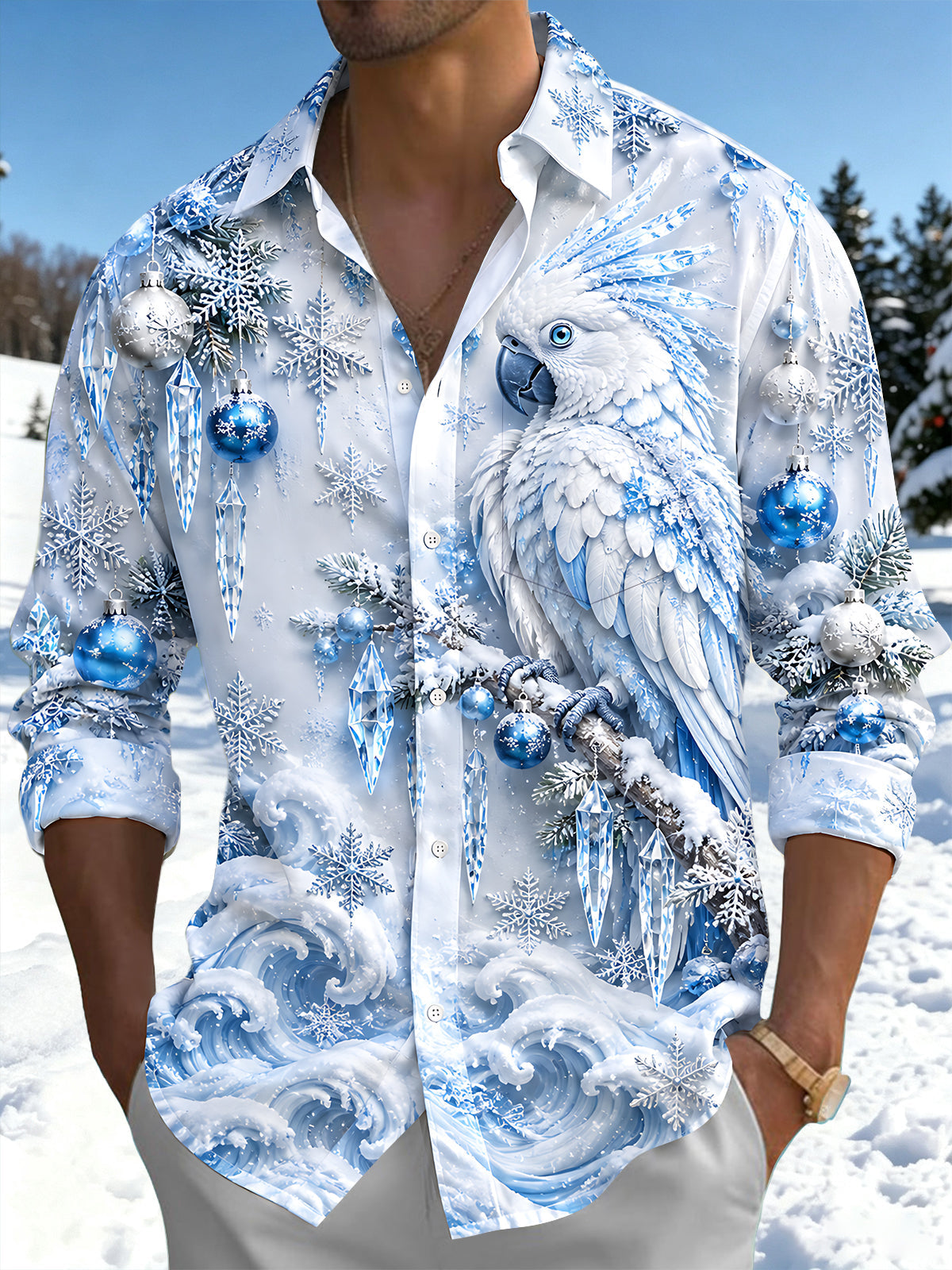 Adaychic Men's Graphic Winter Snowflake Parrot Print Long Sleeve Shirt with Chest Pocket