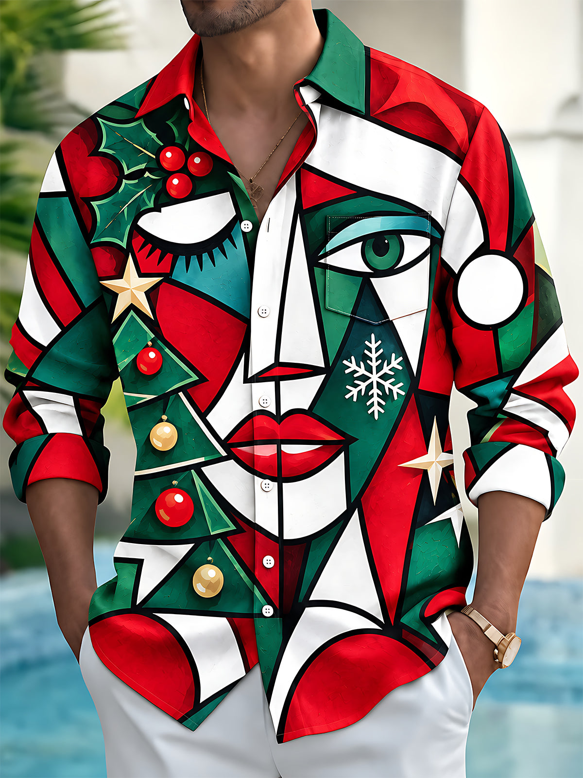 Adaychic Men's Long Sleeve Shirt - Abstract Geometric Face With Christmas Elements Print with Chest Pocket
