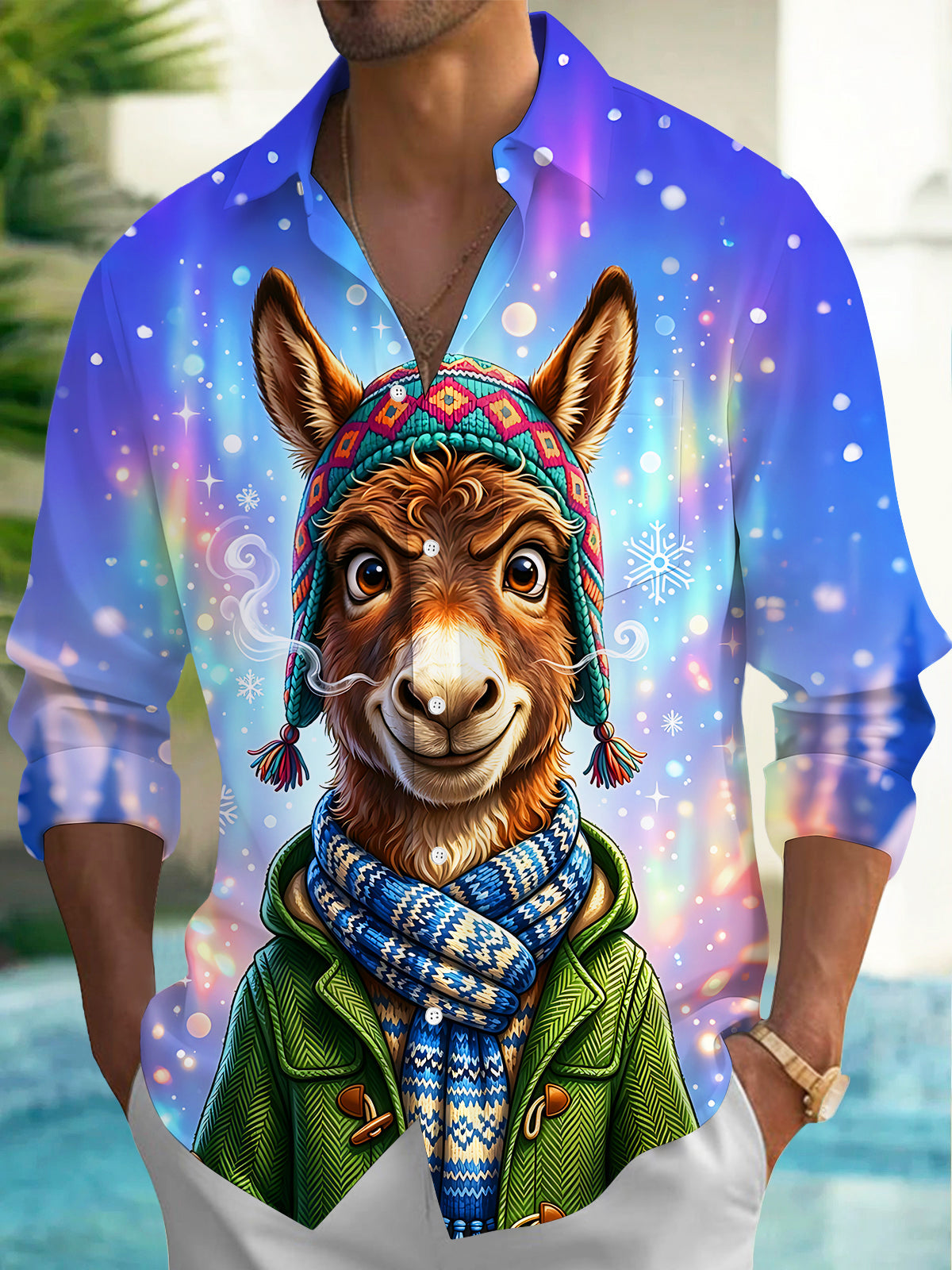 Adaychic Men's Graphic Donkey Character Print Long Sleeve Shirt with Chest Pocket