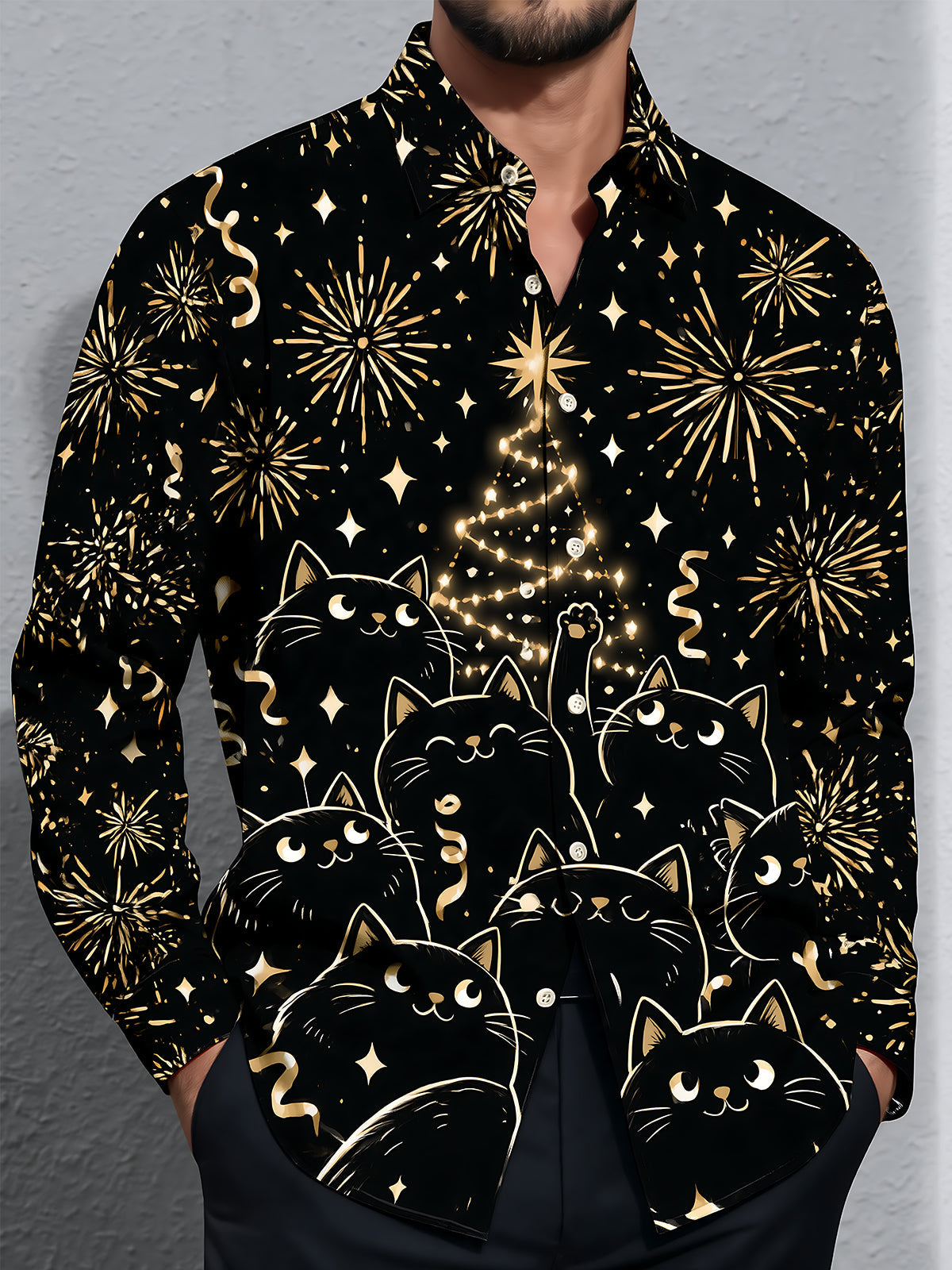 Adaychic Men's Long Sleeve Shirt - Black Cats And Christmas Tree With Fireworks Print with Chest Pocket