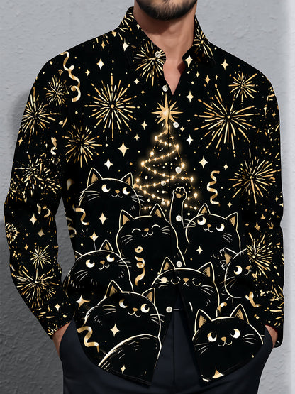 Adaychic Men's Long Sleeve Shirt - Black Cats And Christmas Tree With Fireworks Print with Chest Pocket