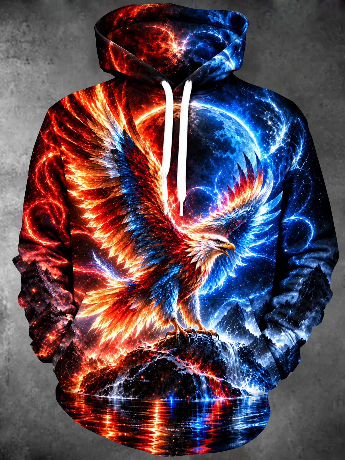 Adaychic Men's Graphic Eagle With Fire And Ice Wings Print Long Sleeve Hoodie