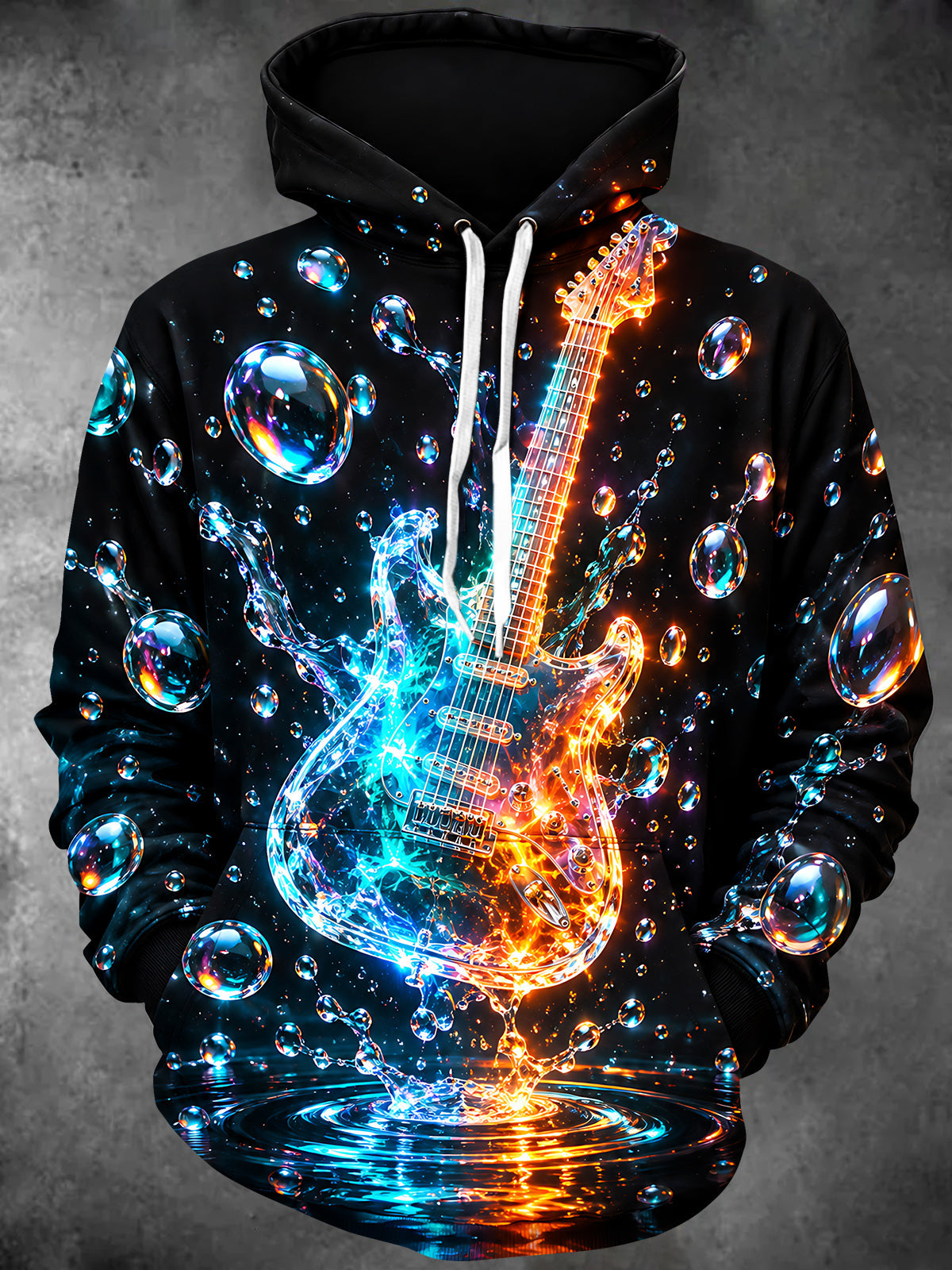 Adaychic Men's Long Sleeve Hoodie - Electric Guitar With Water And Fire Effects Print