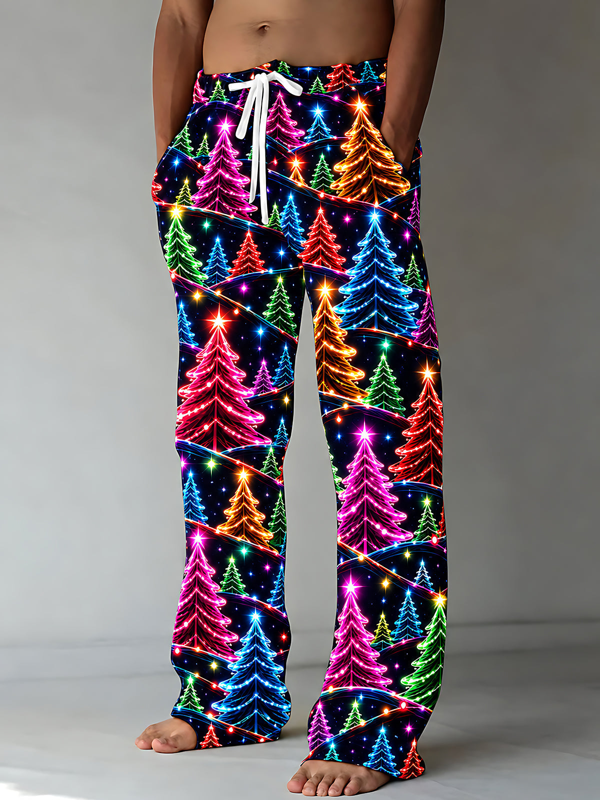 Adaychic Men's Graphic Neon Christmas Trees And Lights Print Pants