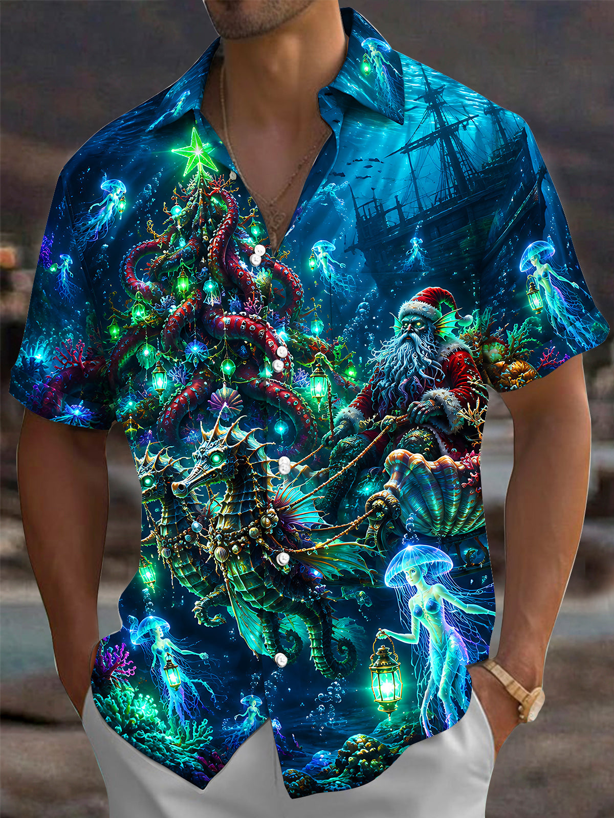 Adaychic Men's Christmas Tree Print Marine Life Print Short Sleeve Shirt