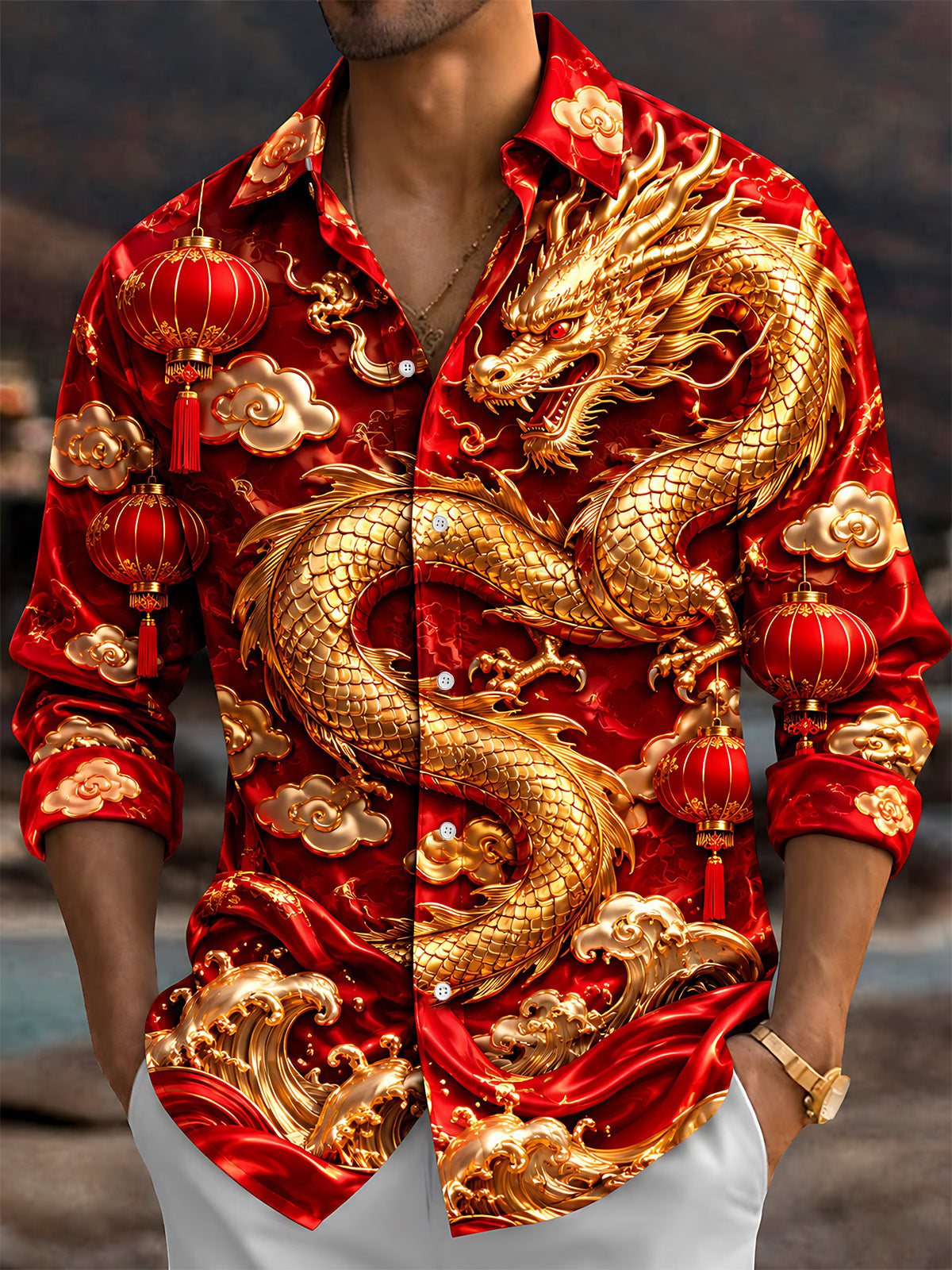 Adaychic Men's Long Sleeve Shirt - Chinese New Year Golden Dragon And Chinese Lanterns Print with Chest Pocket