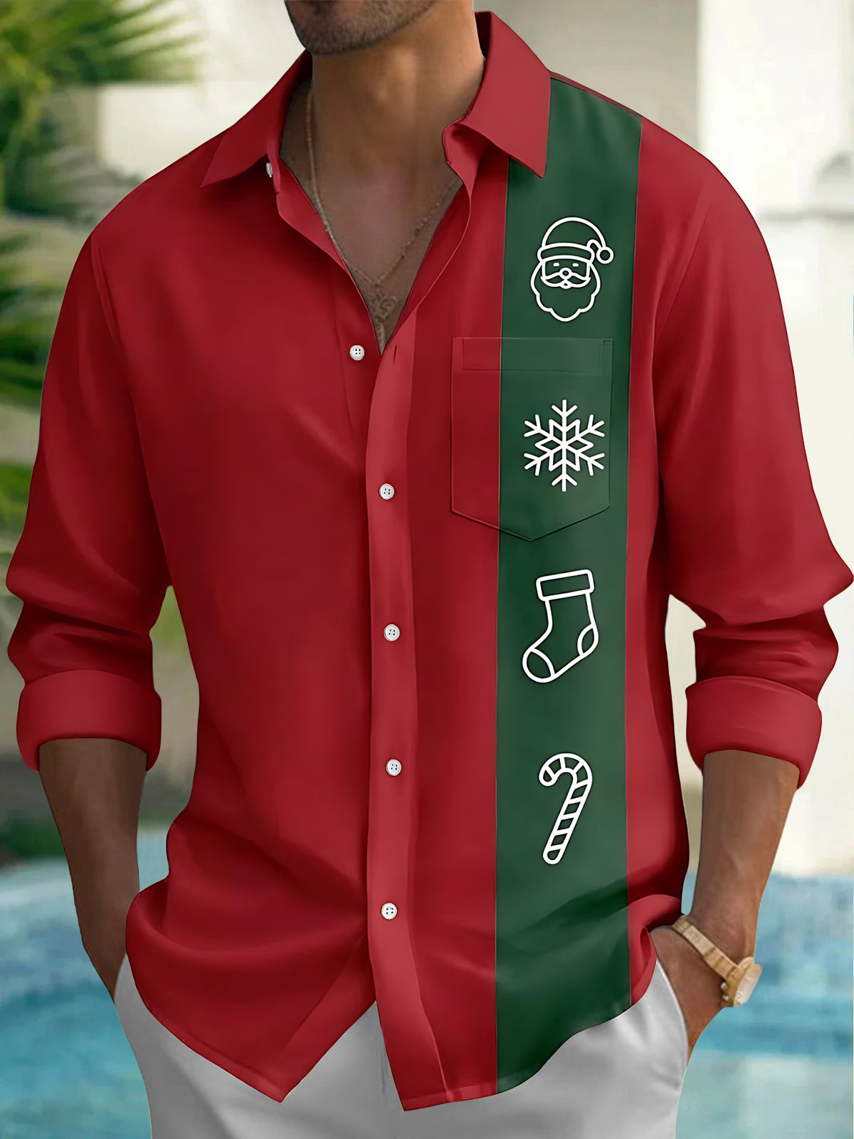 Adaychic Men's Printed Santa Claus Face Print Long Sleeve Shirt with Chest Pocket