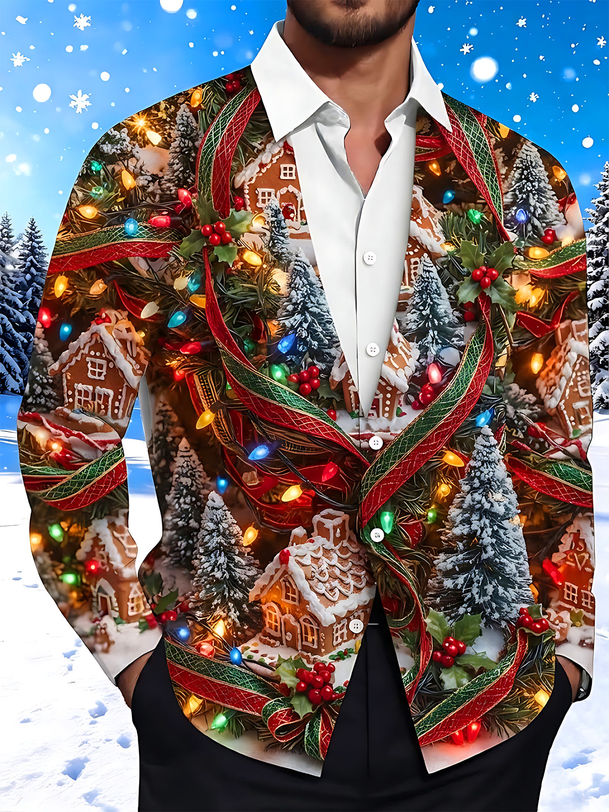 Adaychic Men's Gingerbread Houses And Christmas Trees Print Long Sleeve Shirt with Chest Pocket