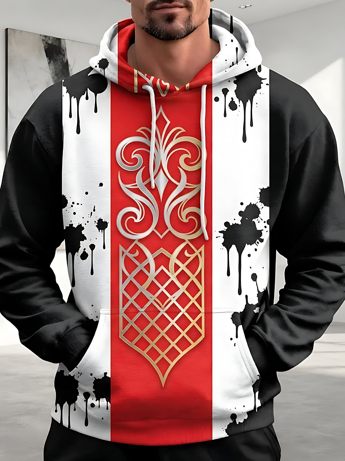 Adaychic Men's Graphic Heraldry Splash Ink Print Long Sleeve Hoodie
