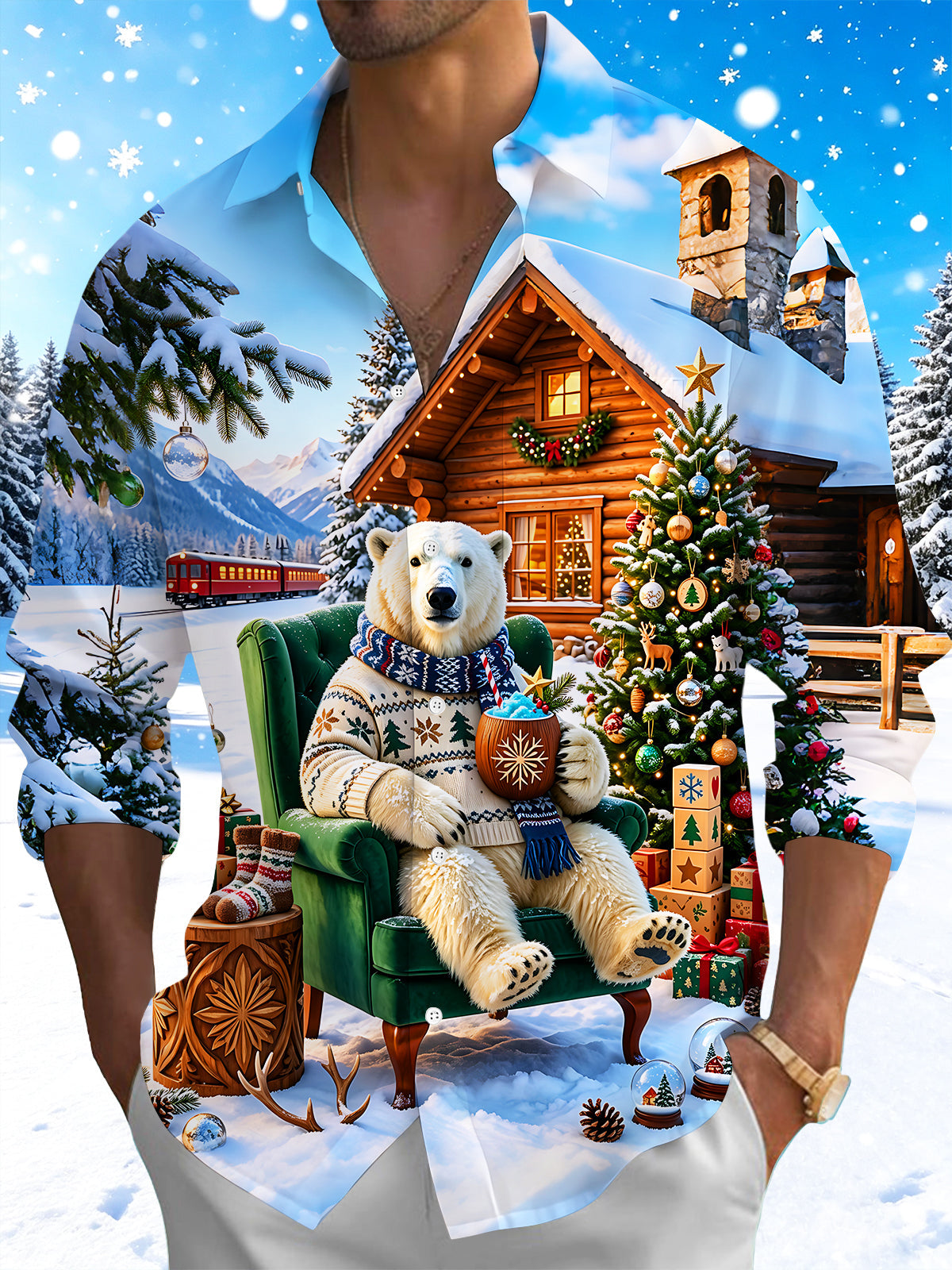 Adaychic Men's Long Sleeve Shirt - Christmas Polar Bear In Winter Cabin Scene Print with Chest Pocket