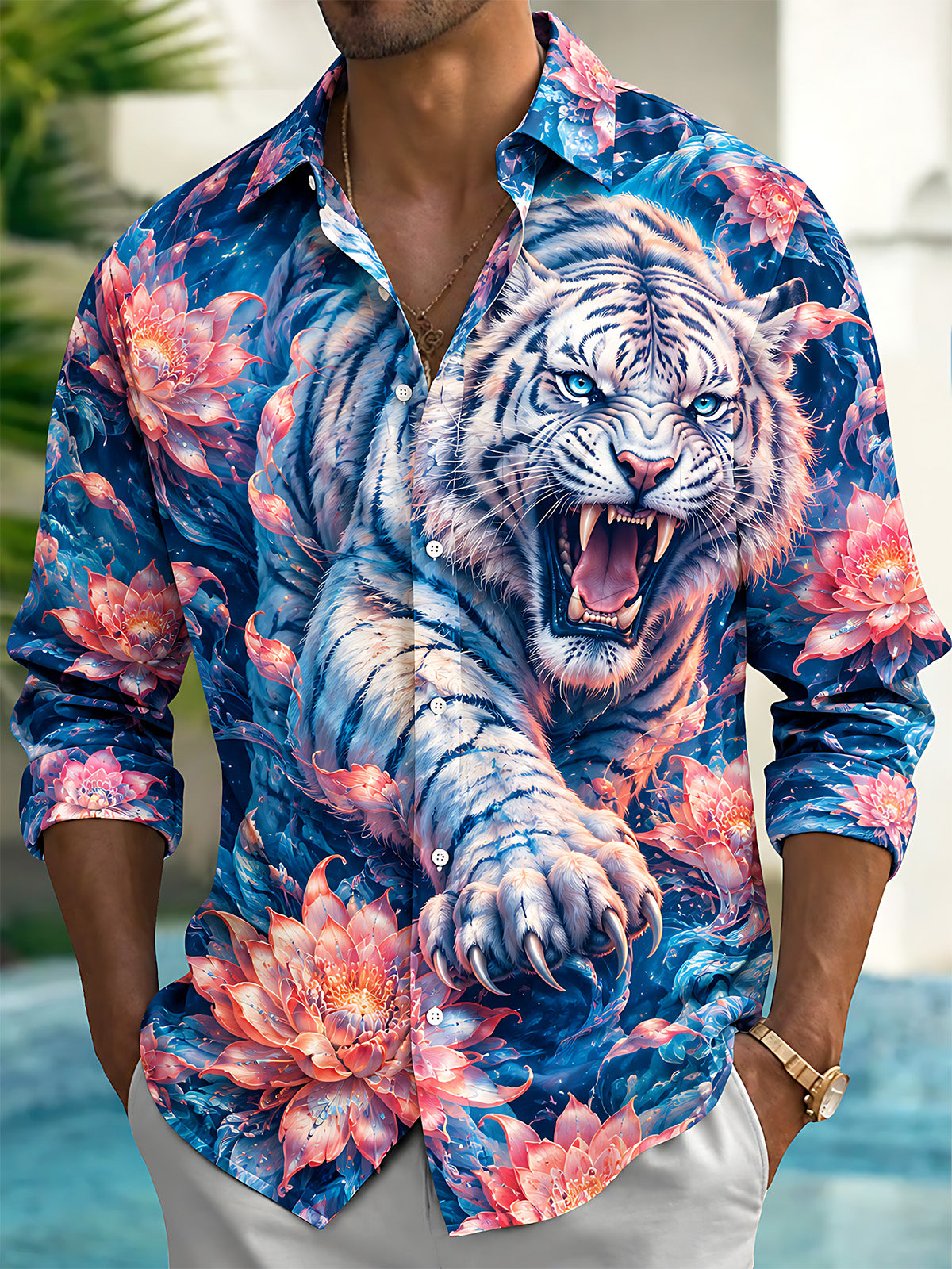 Adaychic Men's Hawaiian White Tiger And Floral Pattern Long Sleeve Shirt with Chest Pocket