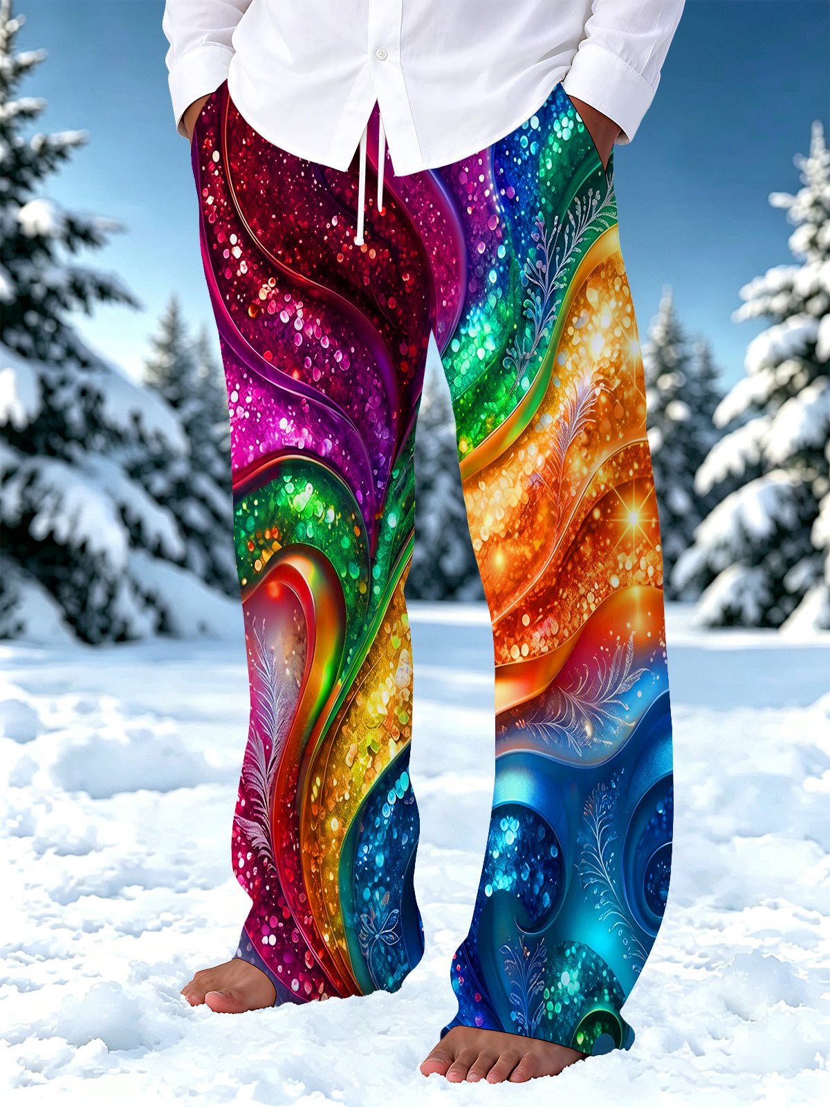 Adaychic Men's Patterned Abstract Rainbow Swirls And Glitter Print Pants