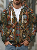Adaychic Men's Adventure Gear And Nature Motif Print Long Sleeve Zip-Up Hoodie