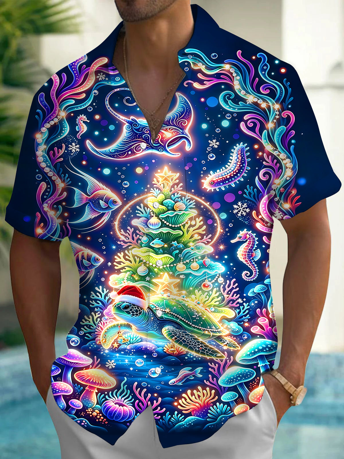 Adaychic Men's Hawaiian Undersea Christmas Print Short Sleeve Shirt with Chest Pocket