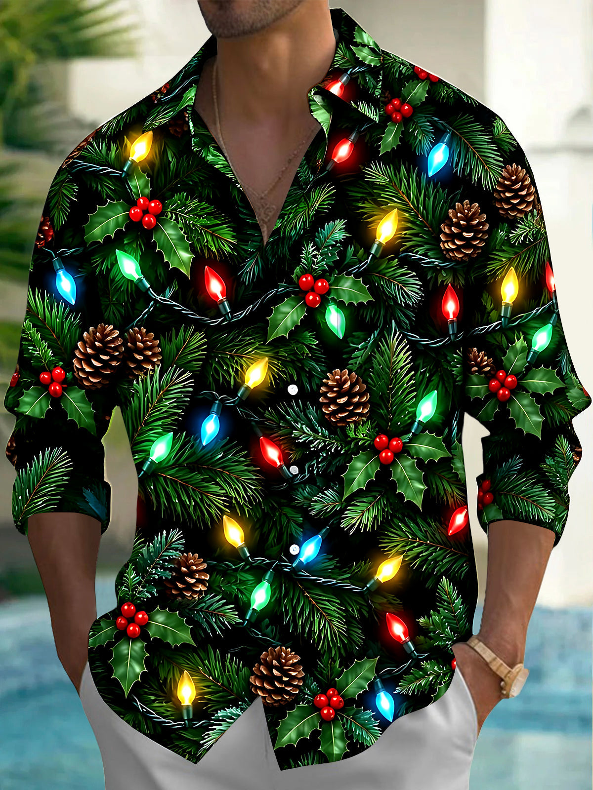 Adaychic Men's Long Sleeve Shirt - Christmas Light Strings With Pinecones And Holly Print with Chest Pocket