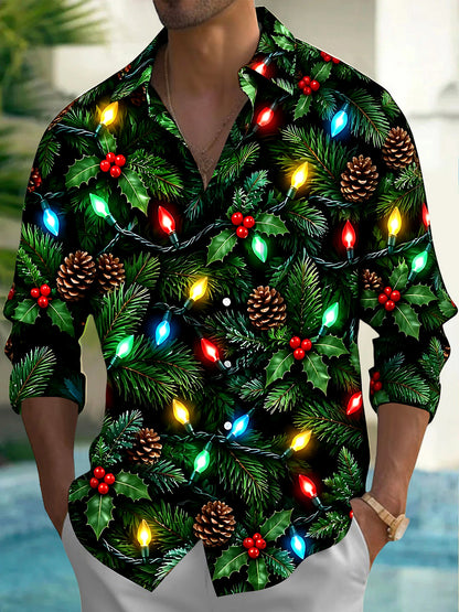 Adaychic Men's Long Sleeve Shirt - Christmas Light Strings With Pinecones And Holly Print with Chest Pocket