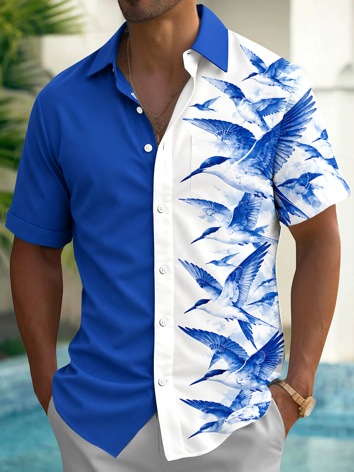 Adaychic Men's Hawaiian Seabirds Print Short Sleeve Shirt with Chest Pocket