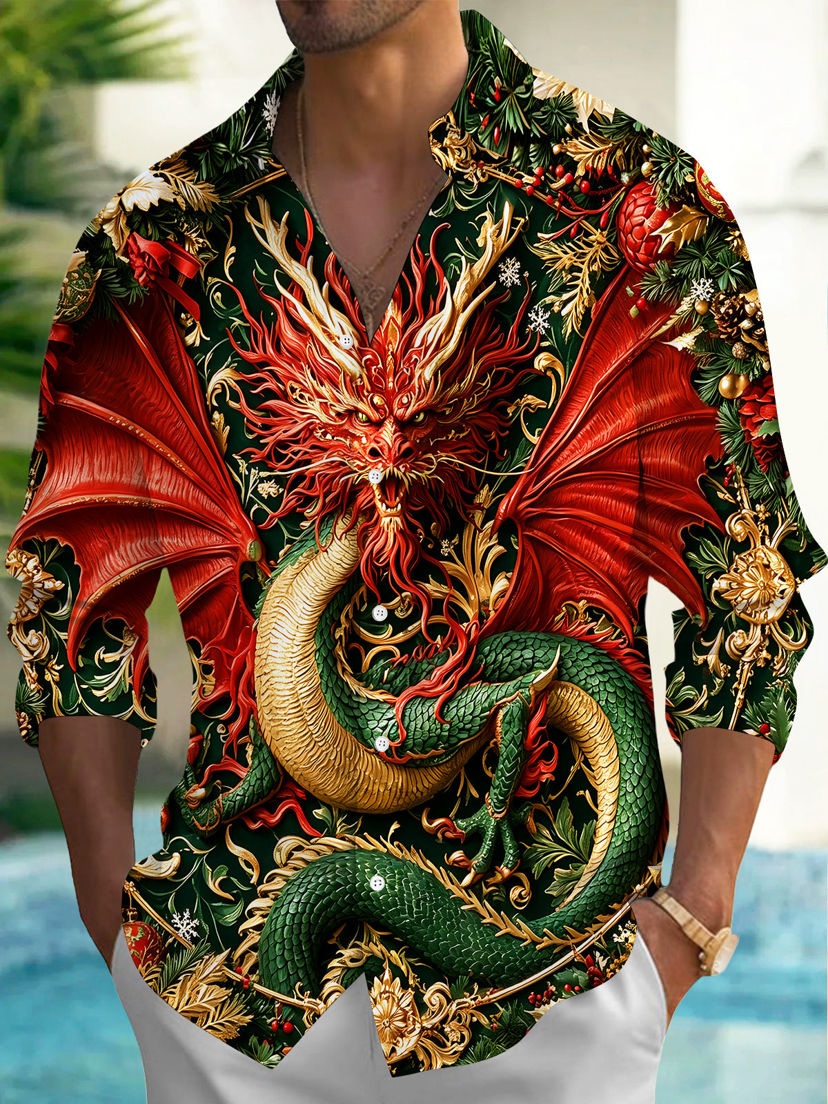 Adaychic Men's Oriental Dragon And Christmas Ornaments Print Long Sleeve Shirt with Chest Pocket