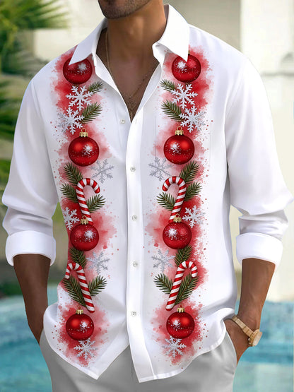 Adaychic Men's Christmas Ornaments And Candy Canes Print Long Sleeve Shirt with Chest Pocket