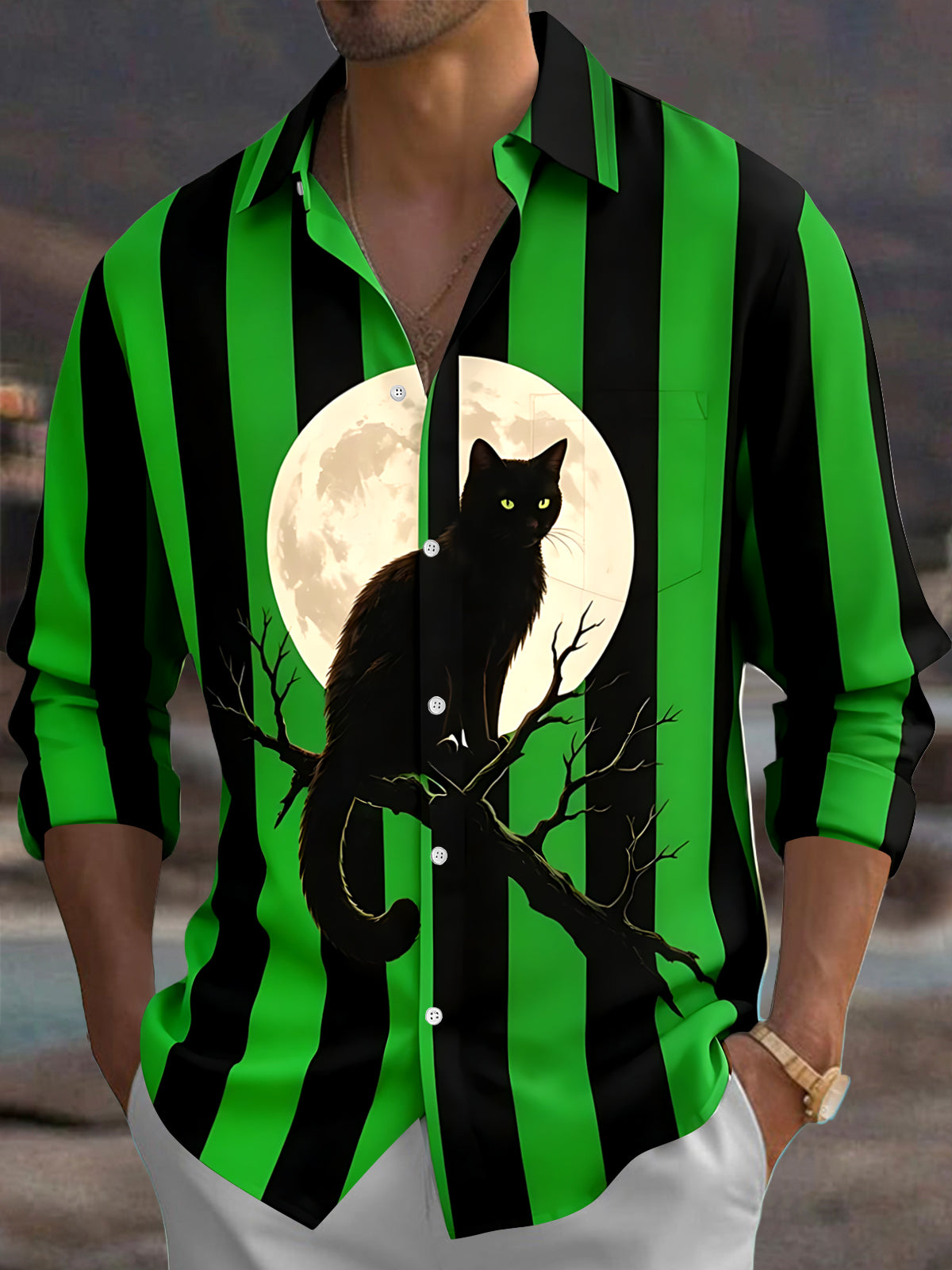 Adaychic Men's Long Sleeve Shirt - Halloween Black Cat On Tree Branch With Full Moon Print with Chest Pocket