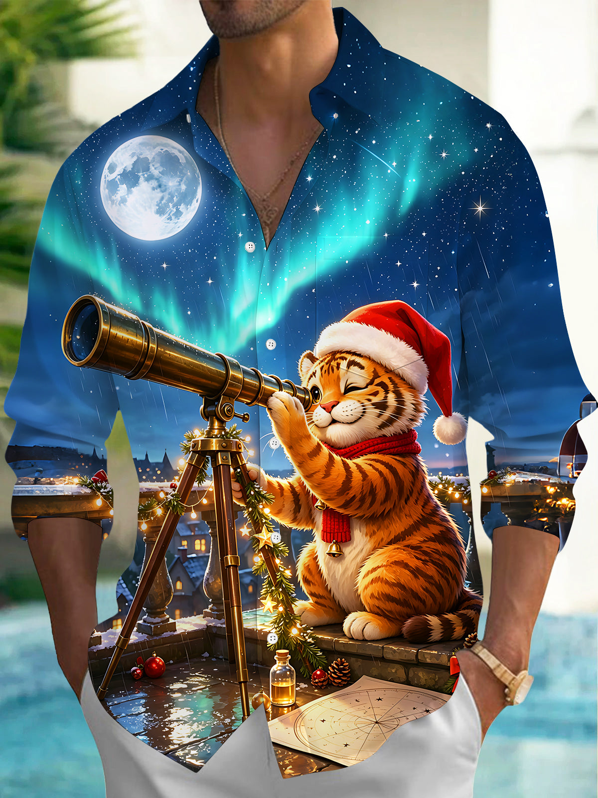 Adaychic Men's Graphic Christmas Tiger Print Stargazing Print Long Sleeve Shirt with Chest Pocket