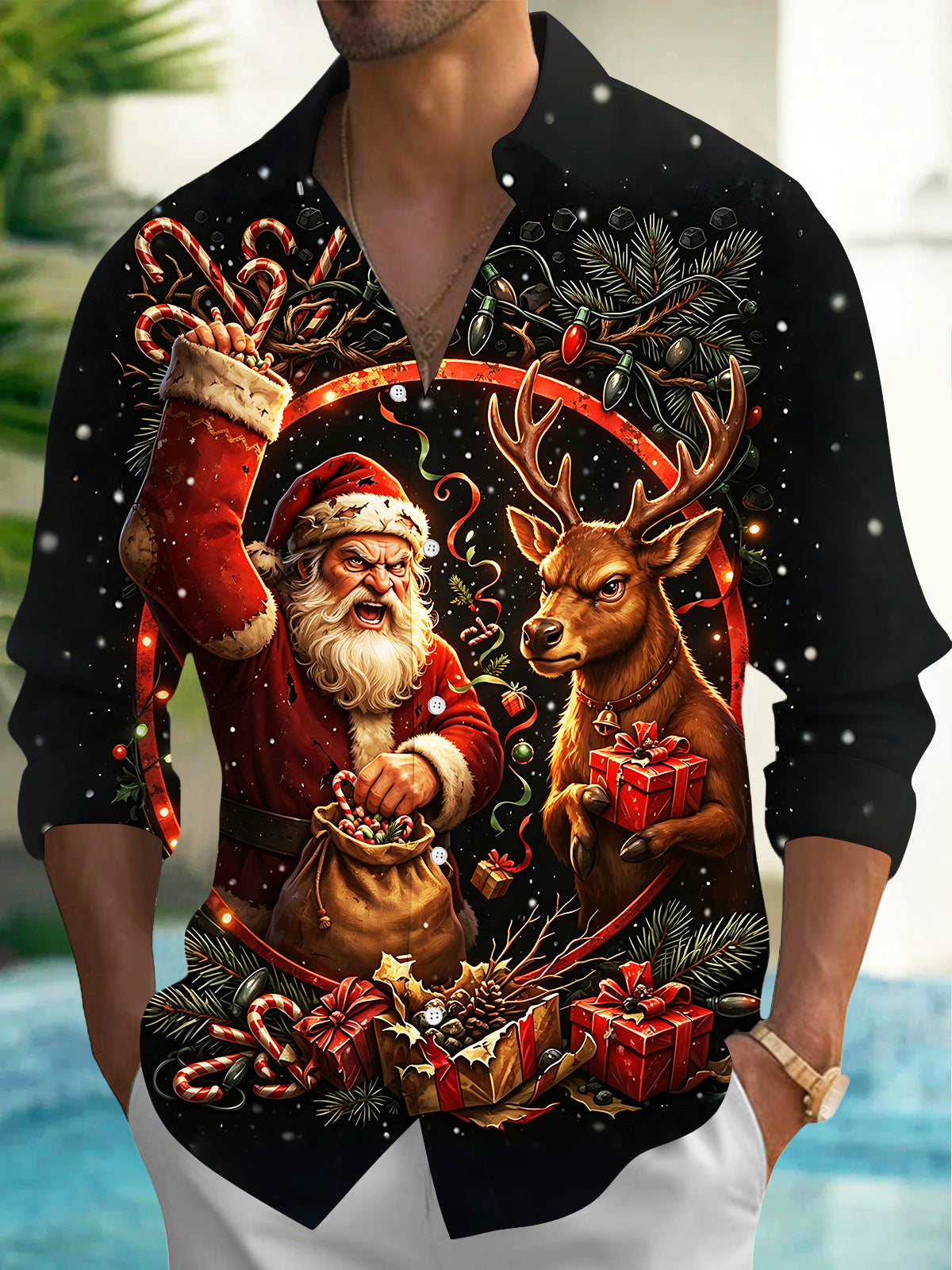 Adaychic Men's Long Sleeve Shirt - Angry Santa Claus And Reindeer With Gifts Print with Chest Pocket