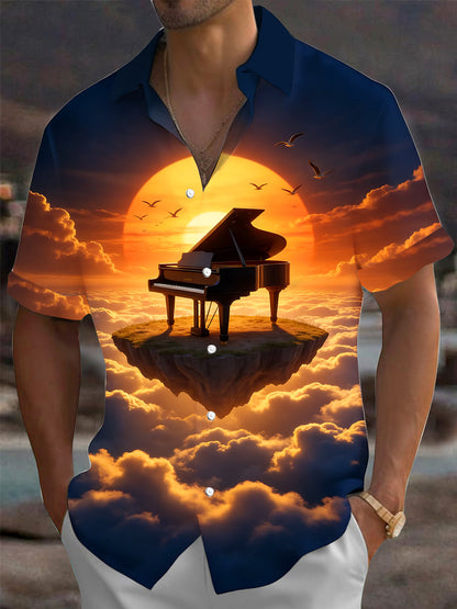Adaychic Men's Hawaiian Grand Piano On Floating Island Print Short Sleeve Shirt with Chest Pocket