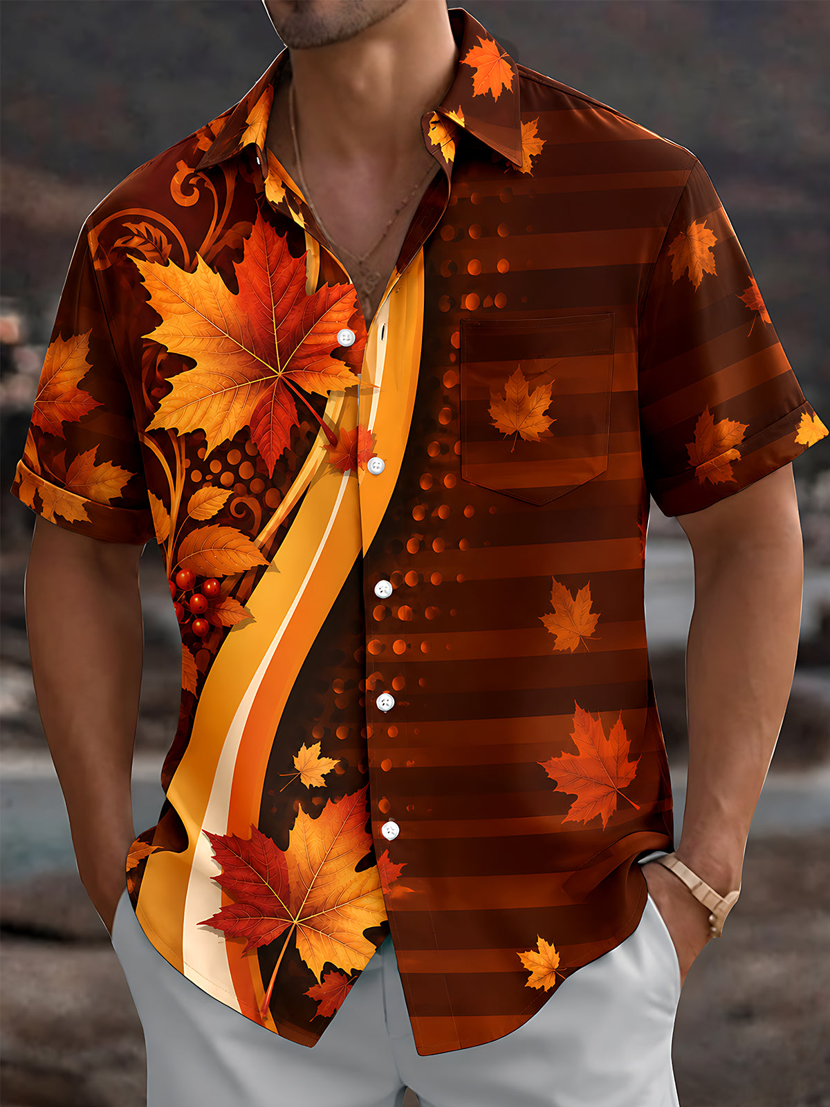 Adaychic Men's Hawaiian Autumn Maple Leaves Print Short Sleeve Shirt with Chest Pocket