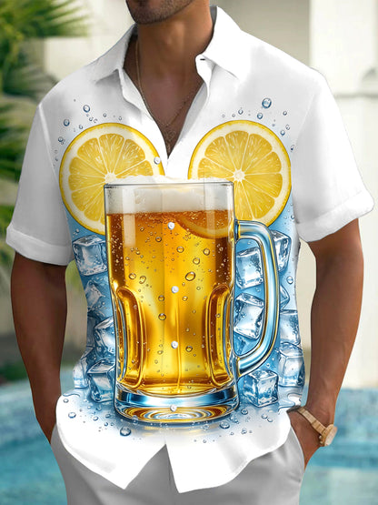 Adaychic Men's Short Sleeve Shirt - Beer Mug With Lemon Slices And Ice Cubes Print with Chest Pocket