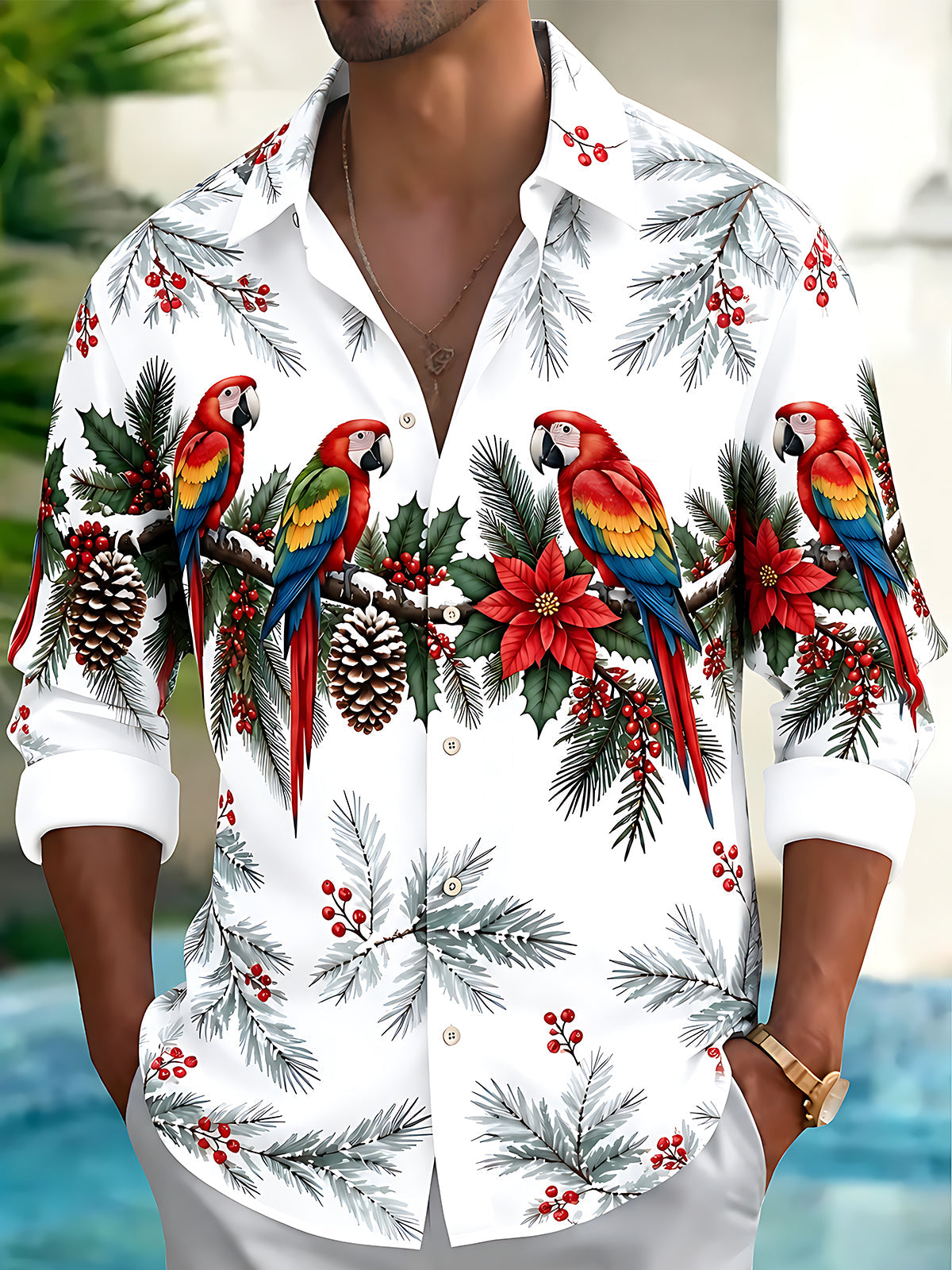 Adaychic Men's Christmas Parrots And Pine Cones Print Long Sleeve Shirt with Chest Pocket