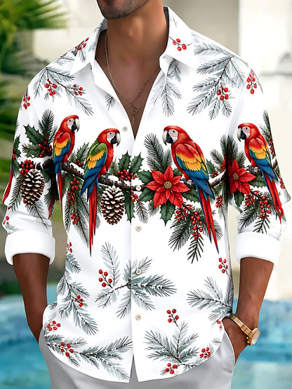 Adaychic Men's Christmas Parrots And Pine Cones Print Long Sleeve Shirt with Chest Pocket