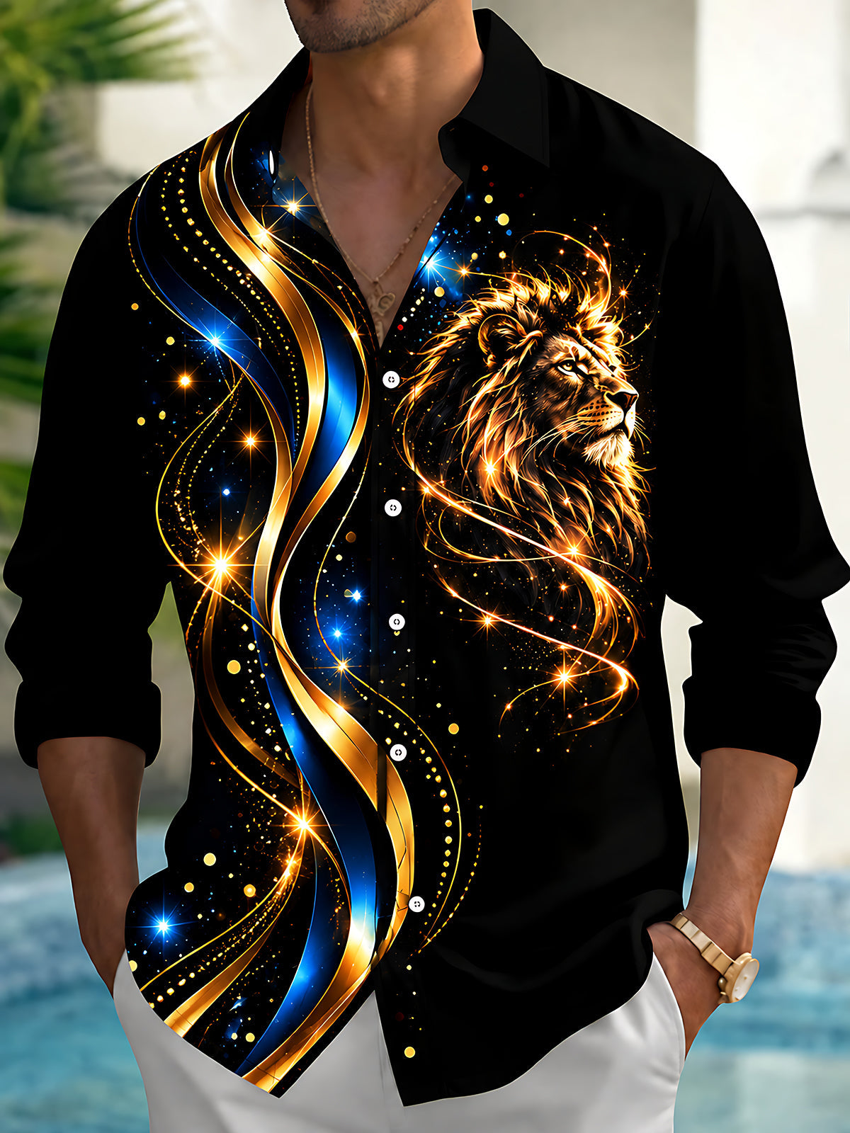 Adaychic Men's Graphic Lion Head Print Golden Waves Print Long Sleeve Shirt with Chest Pocket