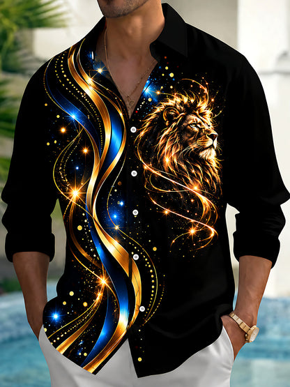 Adaychic Men's Graphic Lion Head Print Golden Waves Print Long Sleeve Shirt with Chest Pocket