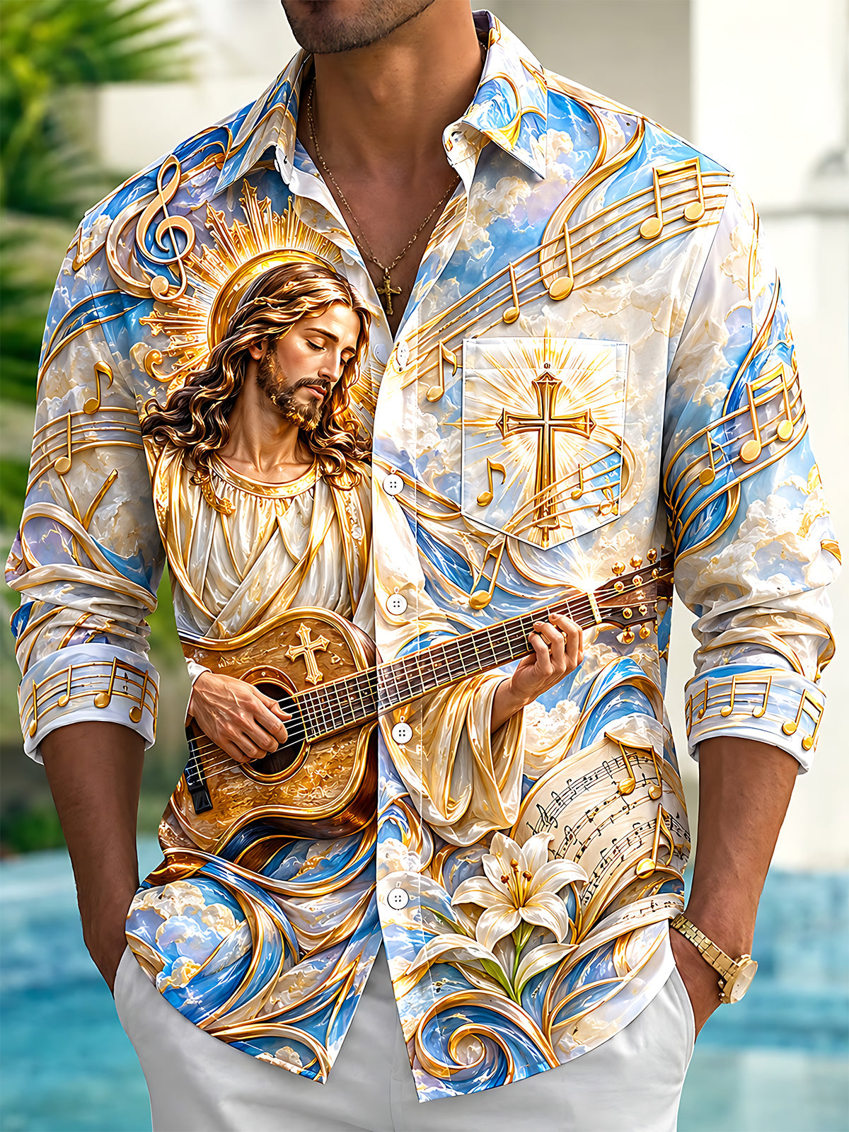 Adaychic Men's Graphic Saint Figure Playing Guitar Print Long Sleeve Shirt with Chest Pocket