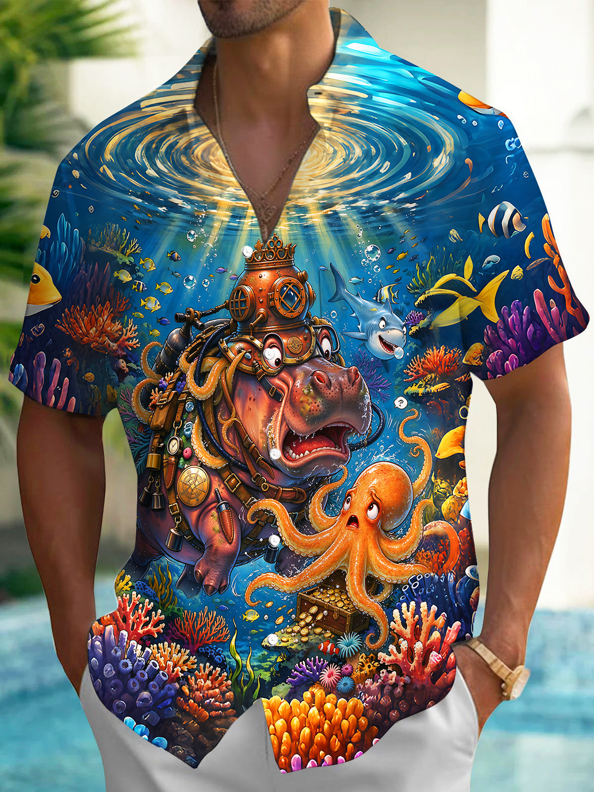Adaychic Men's Short Sleeve Shirt - Steampunk Hippo And Octopus Underwater Scene Print with Chest Pocket