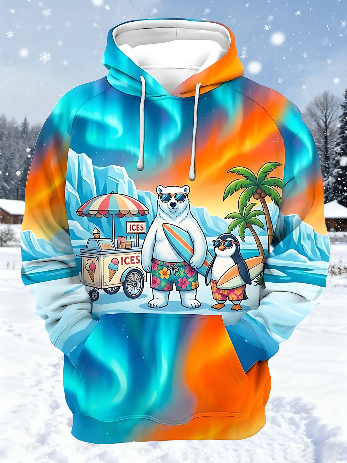 Adaychic Men's Graphic Polar Bear And Penguin Surfing Print Long Sleeve Hoodie with Chest Pocket