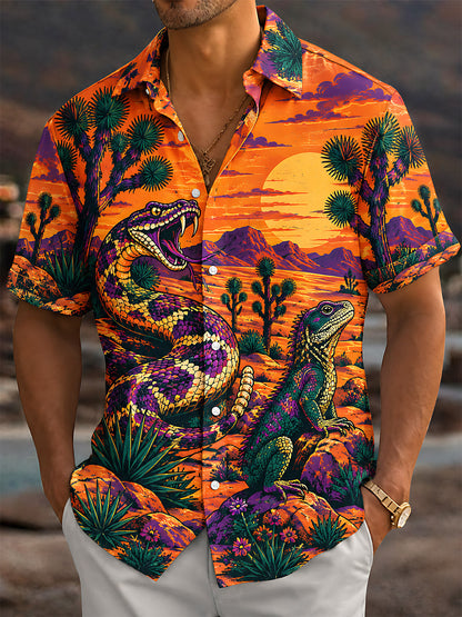 Adaychic Men's Short Sleeve Shirt - Desert Snake And Lizard Sunset Landscape Print with Chest Pocket
