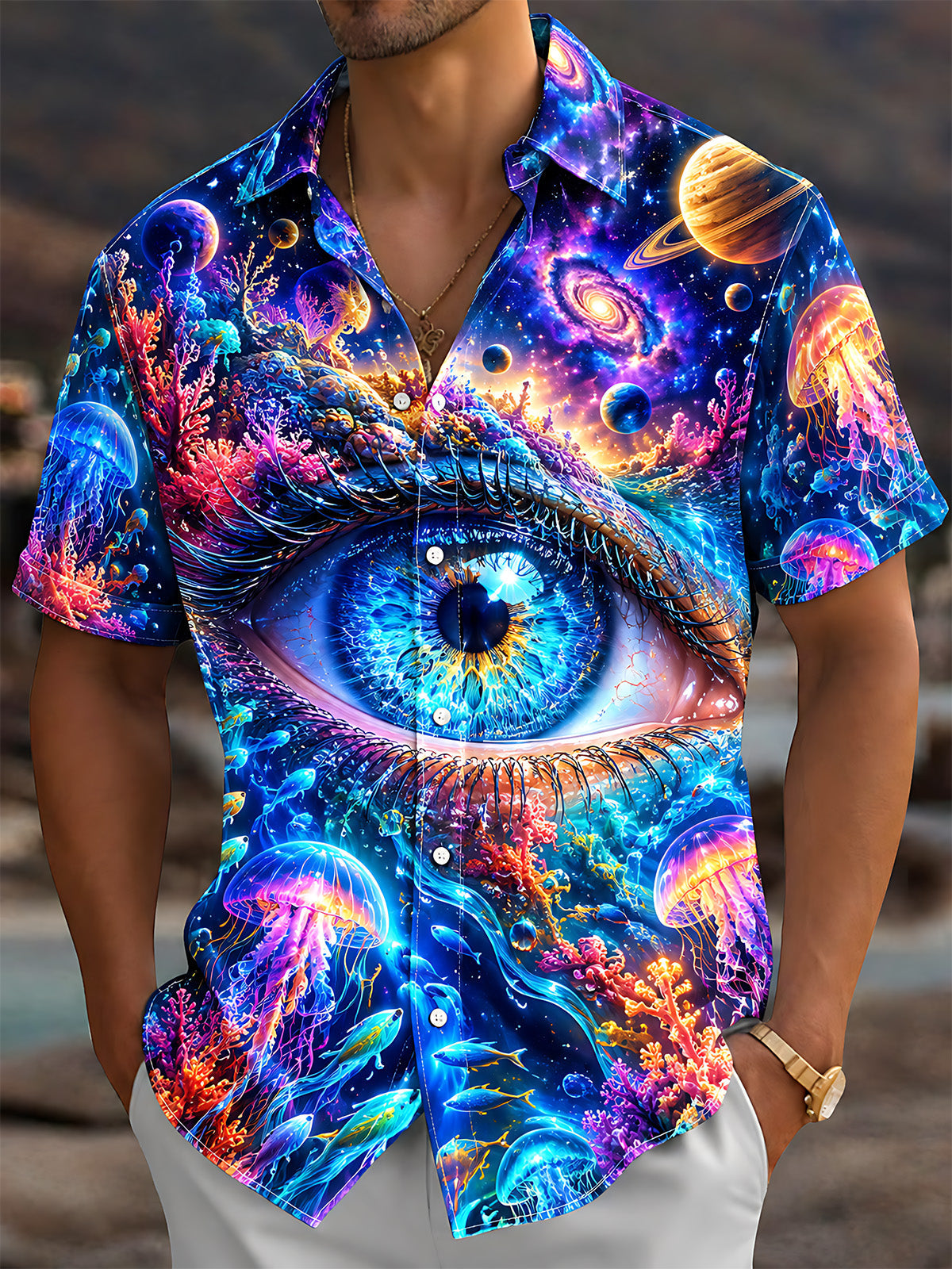 Adaychic Men's Hawaiian Cosmic Eye And Marine Life Print Short Sleeve Shirt with Chest Pocket